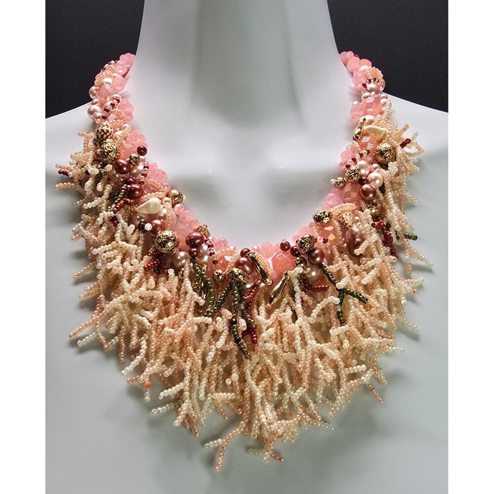 Crafted Gemstone Coral inspired Beaded Waterfall Pink Cream Necklace Earring Set